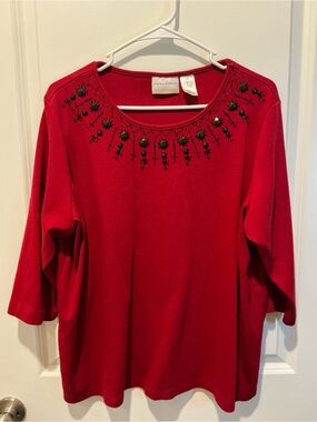 Alfred Dunner Red Scoop Neck Long Sleeve Top with Black Bead Embellishment